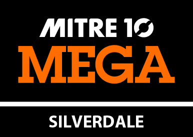 MITRE 10 MEGA Silverdale logo in white and orange on a black background