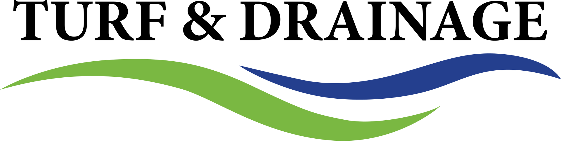 Turf & Drainage logo with black text and green-to-blue wave graphic