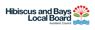 Hibiscus and Bays Local Board Auckland Council logo with red flower and blue waves