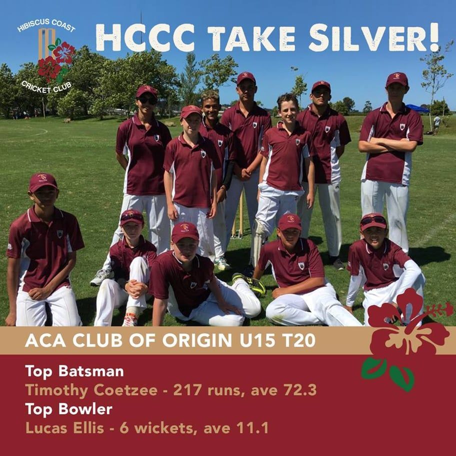 HCCC youth cricket team posing outdoors with “HCCC Take Silver!” and tournament award text