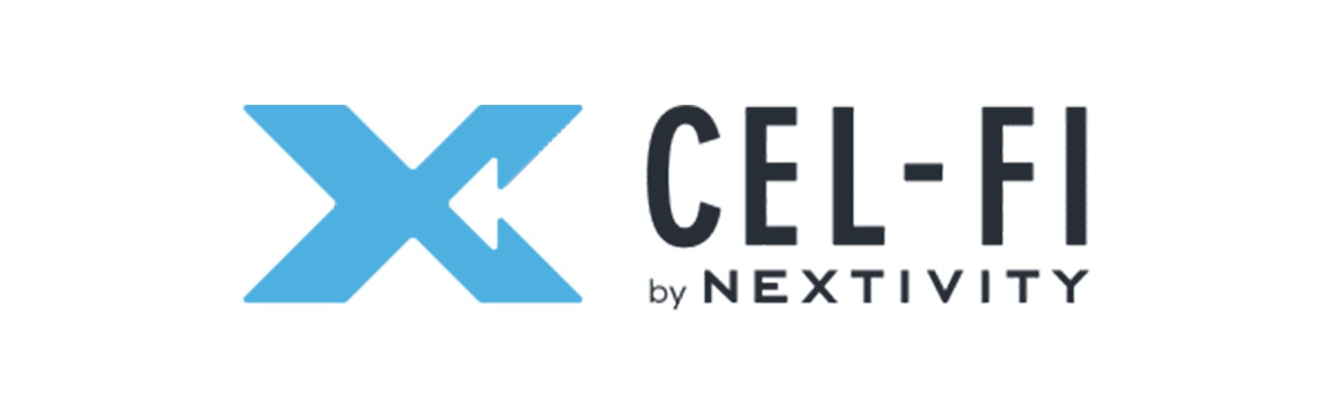 A blue and black logo for xcel-fi by nextivity