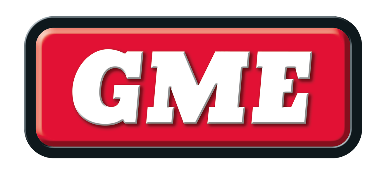 A red and white gme logo on a white background.