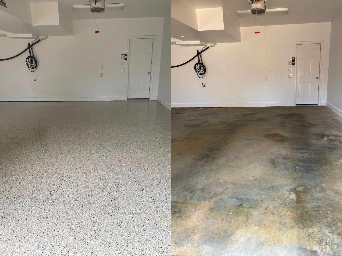 Garage floor before-and-after: clean light-gray concrete beside stained, dirty floor.