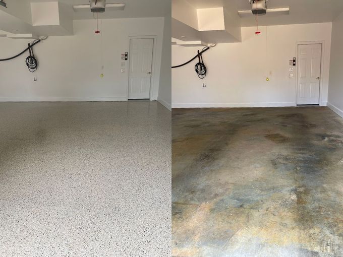 Garage floor before-and-after: clean light-gray concrete beside stained, dirty floor.