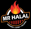 Logo for Mr. Halal: Black background, red flames, with 