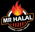 Logo for Mr. Halal: Black background, red flames, with 