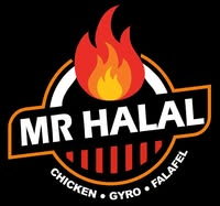 Logo for Mr. Halal: Black background, red flames, with