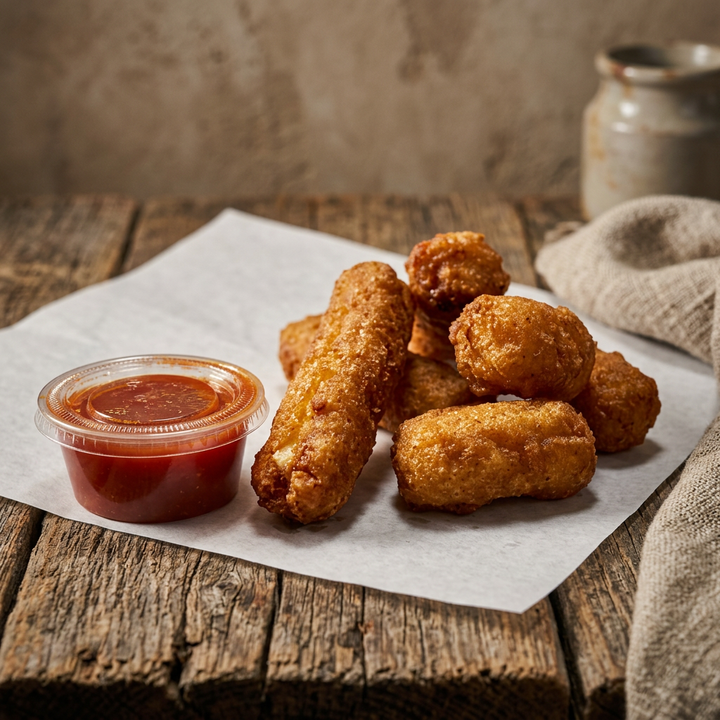 Close-up of golden-brown fried chicken wings in a foil container, ready to eat.