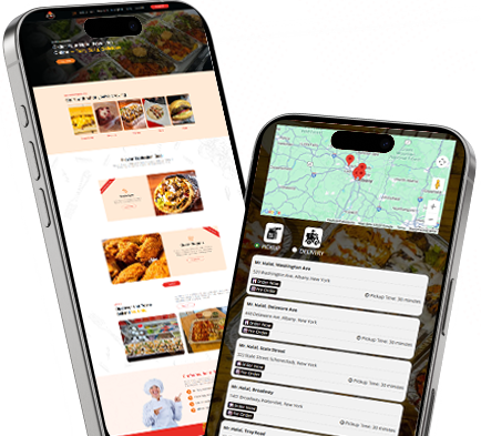Two smartphones displaying a food ordering website and a map with restaurant locations.