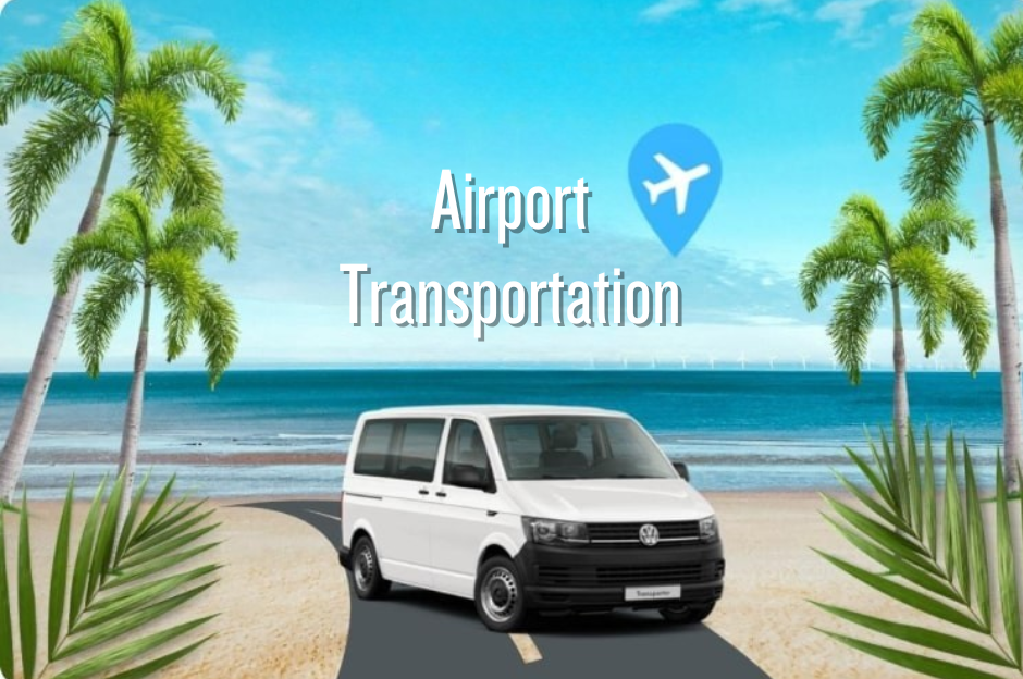 White van on a road towards a beach, text