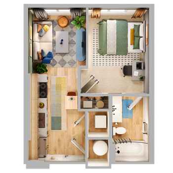 Top-down floor plan of a one-bedroom apartment with a kitchen, living area, bedroom, and bathroom.