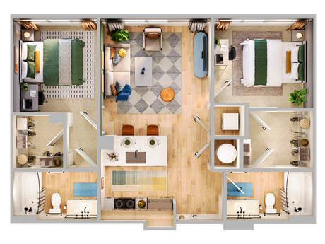 A 3D floor plan of a two-bedroom apartment with a central living area, kitchen, and two bathrooms.