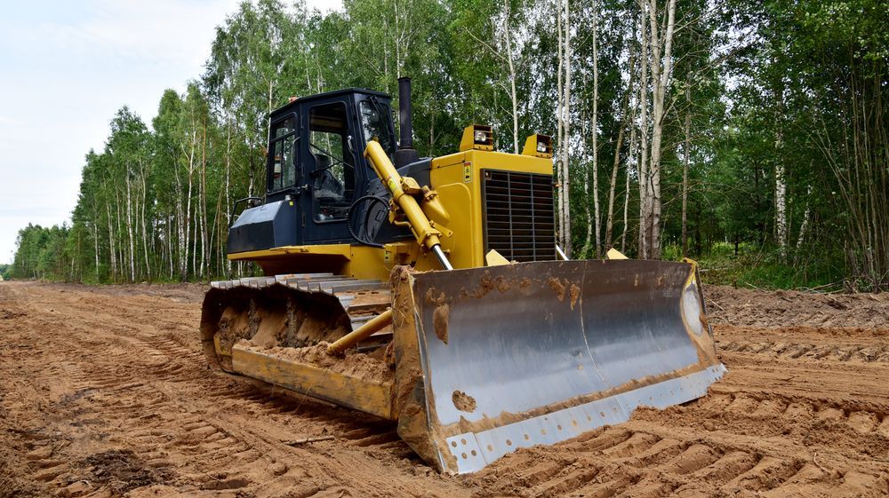 Yellow Bulldozer Clearing a Dirt Path in Front of a Line of Trees — Brown's Professional Tree Service in Tin Can Bay, QLD