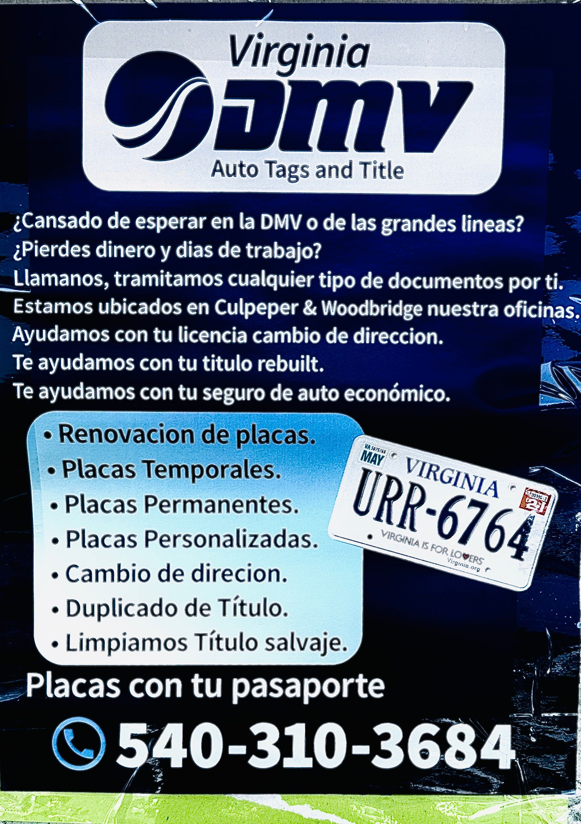 Advertisement for Virginia DMV services, including auto tags and title assistance, with a phone number and examples of services.