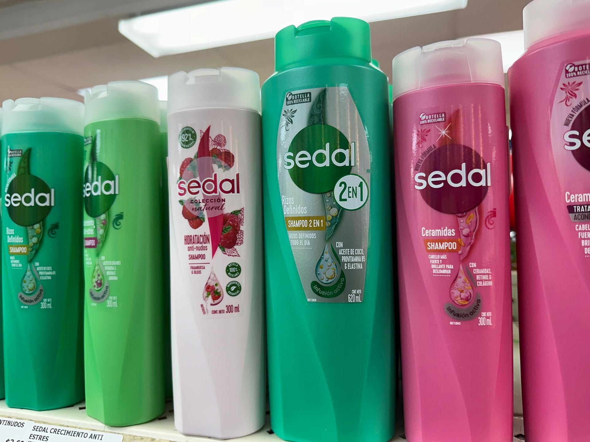 Bottles of Sedal shampoo on a shelf, various colors including green, white, and pink.