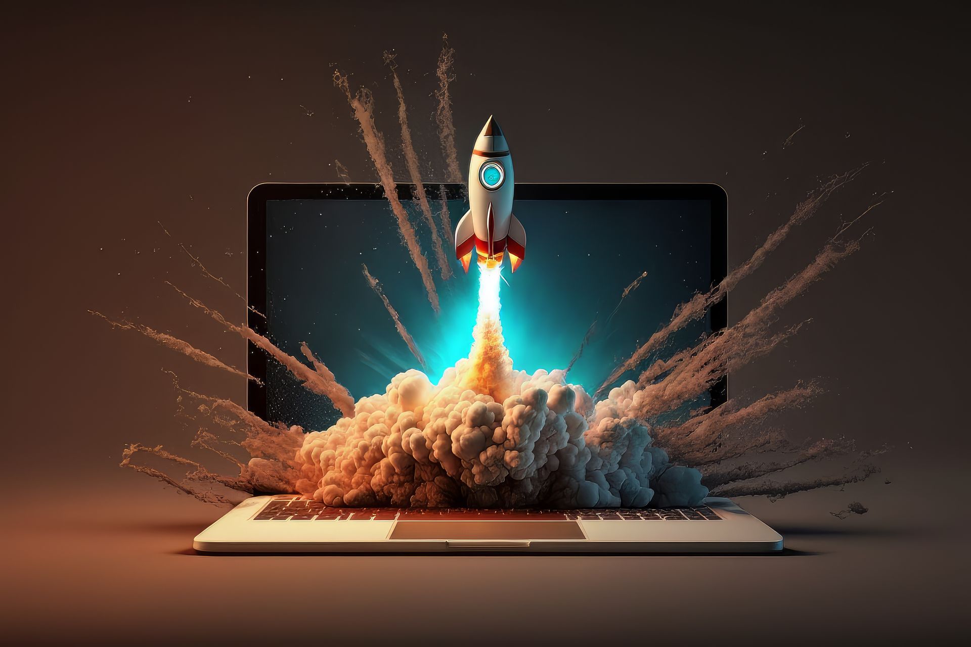 A rocket is launching out of a laptop computer.