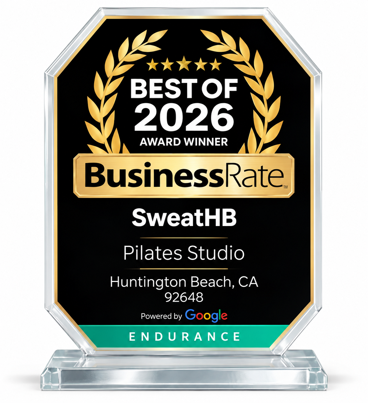 BusinessRate Best of 2026 award plaque for SweatHB Pilates Studio in Huntington Beach, CA