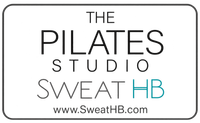 Logo for The Pilates Studio SweatHB in black and light blue with website www.SweatHB.com