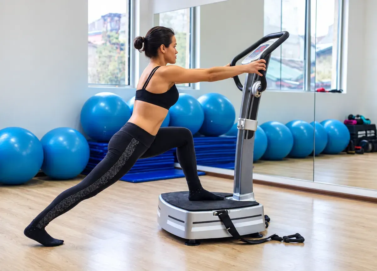 Two people exercising on reformer machines in a long studio hallway