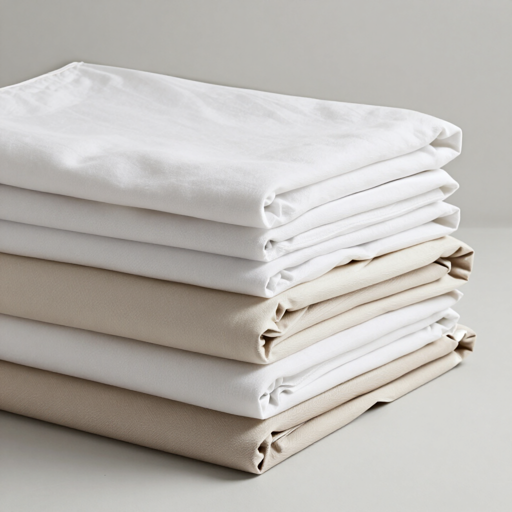 Pila de ropa de cama blanca y beige doblada sobre una superficie gris claro