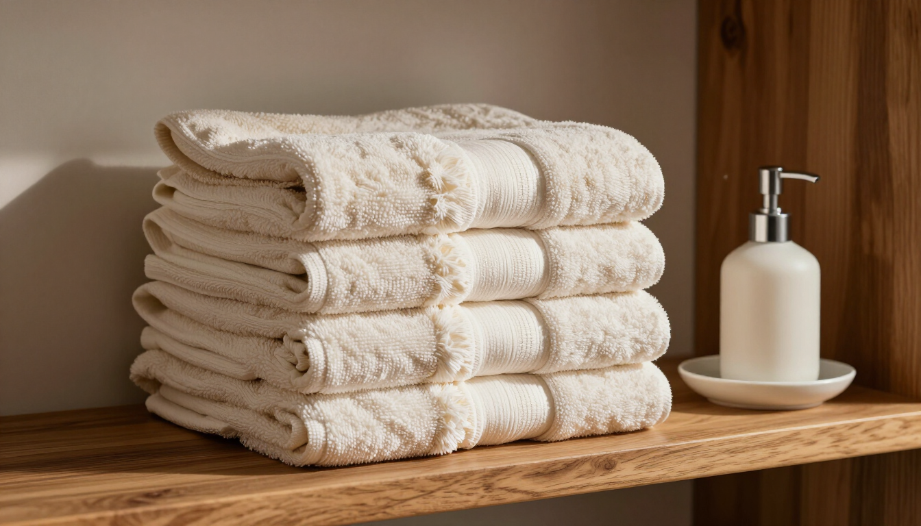 Toallas apiladas junto a accesorios de baño