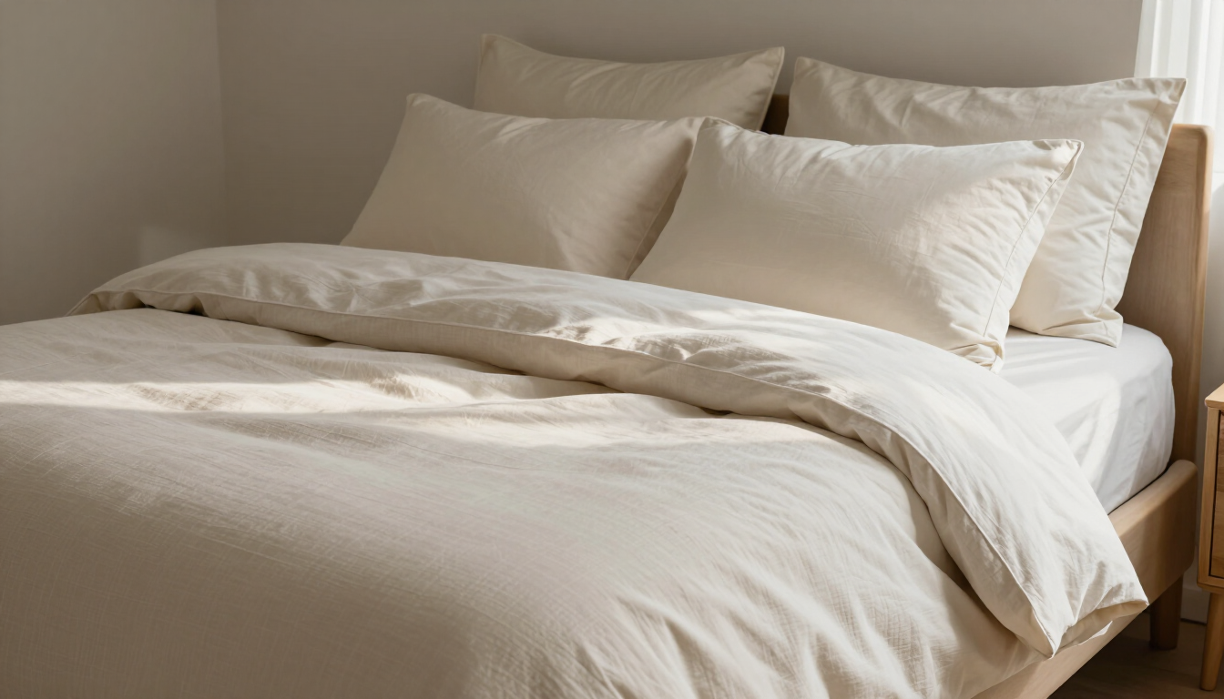 Cama tendida con sábanas claras y almohadas ordenadas