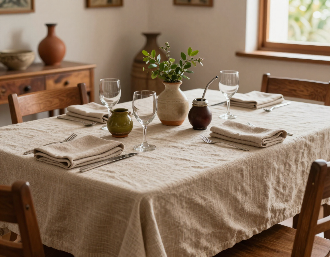 Mesa de comedor argentina decorada con mantel y textiles coordinados