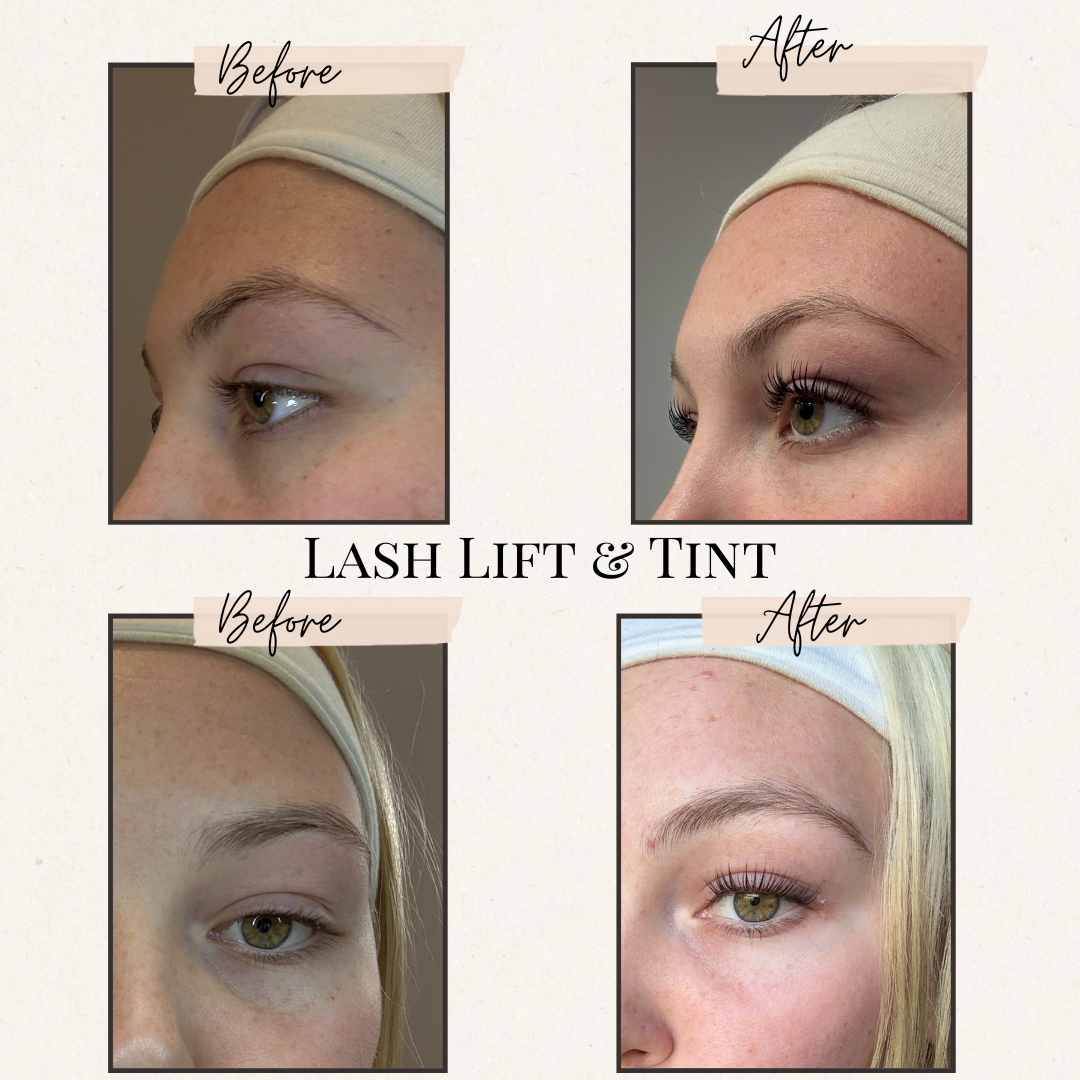 Before and after photos: Lash lift and tint, showing uplifted, darkened lashes.