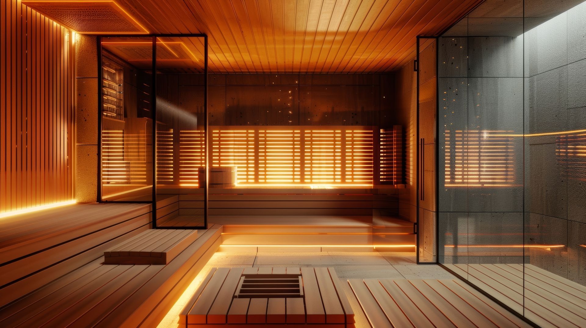 Modern spa interior with warm wood, glass walls, and a glowing sauna in the background