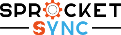 A logo for sprocket sync with a gear in the middle.