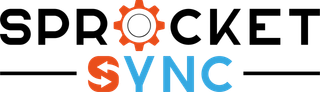 A logo for sprocket sync with a gear in the middle.