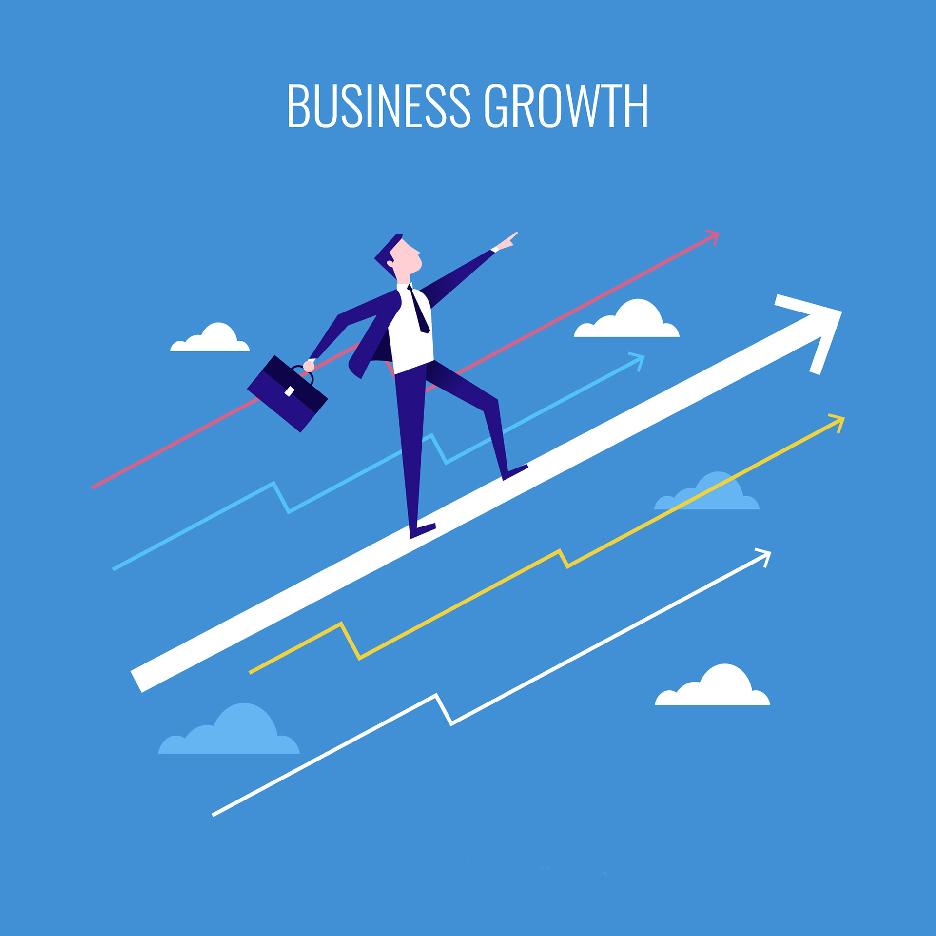 A businessman is standing on top of a growing arrow.