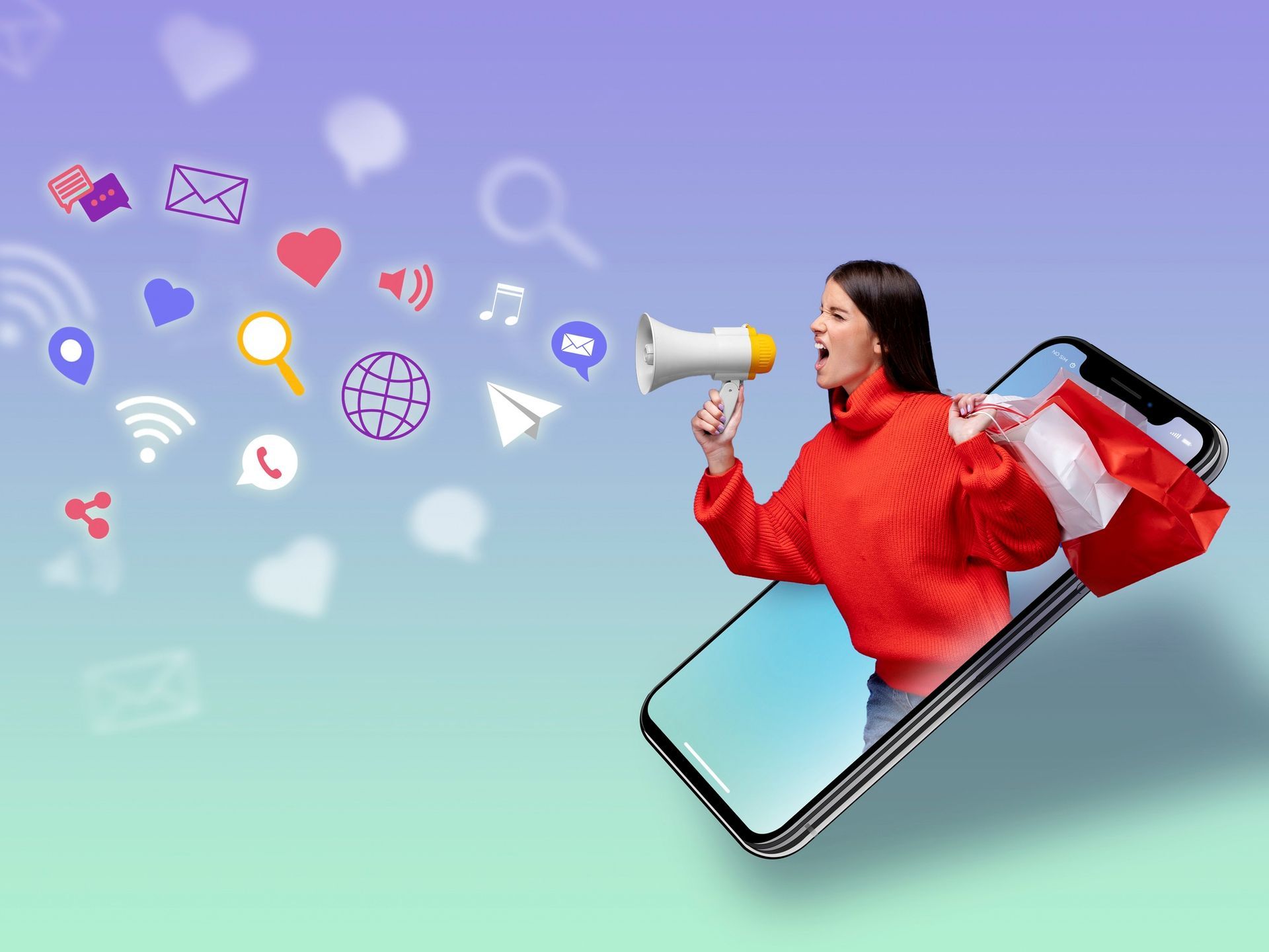 A woman is holding a megaphone and a flag and is coming out of a cell phone.