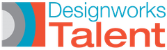 Designworks Talent logo with blue, orange, gray and teal text and shapes