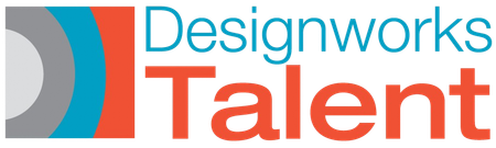 Designworks Talent logo with blue, orange, gray and teal text and shapes