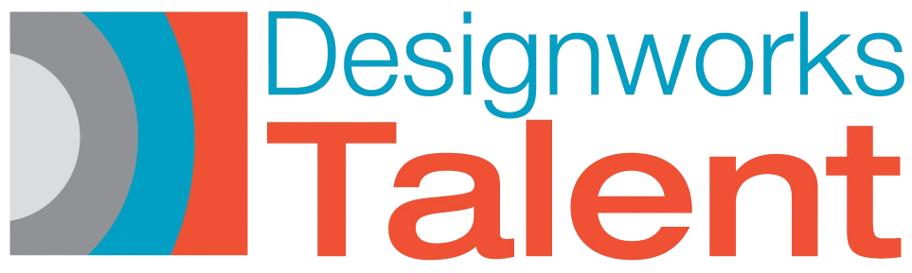 Designworks Talent logo with teal, gray, and orange text and abstract color blocks