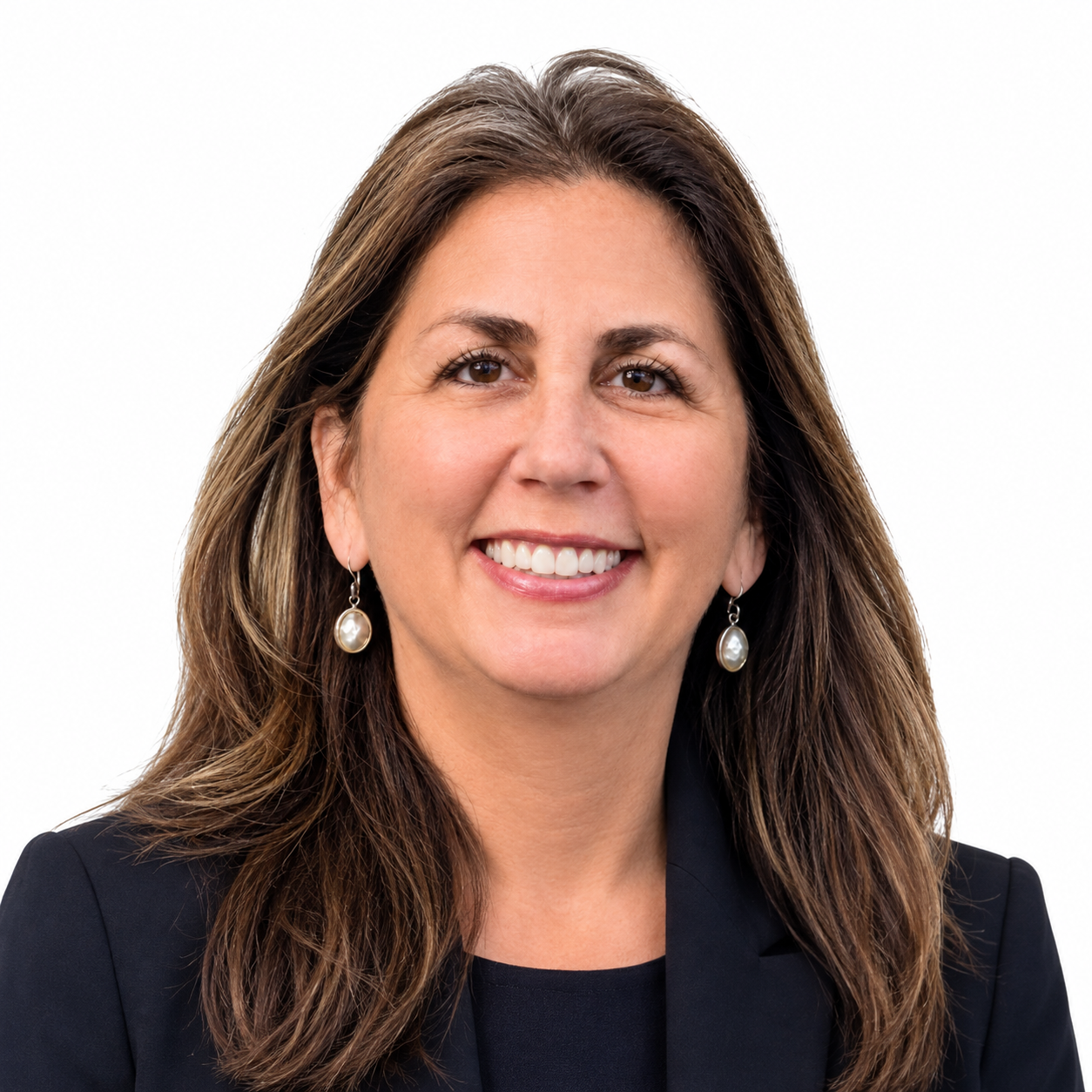 Smiling woman in a dark blazer against a white background