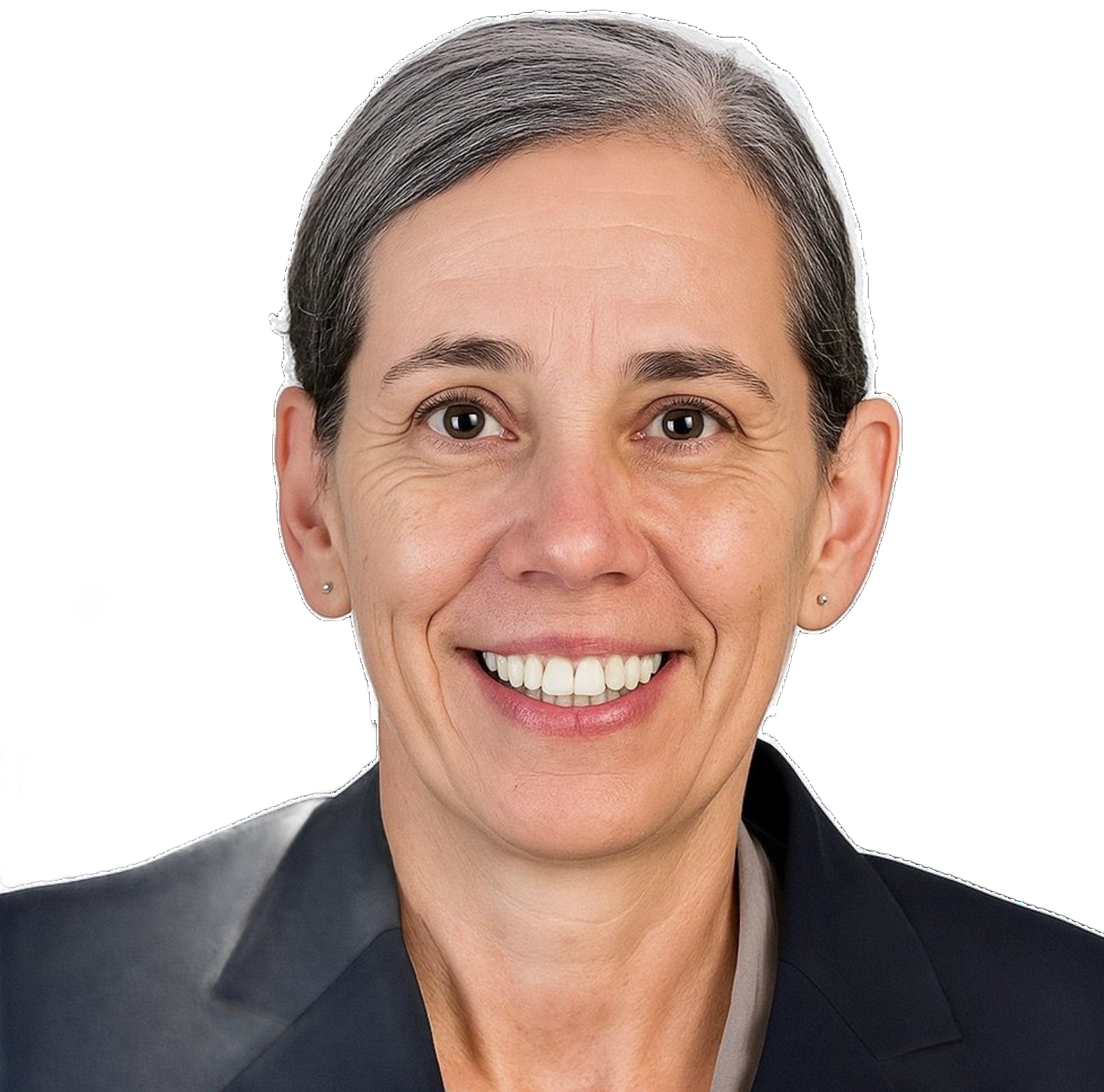 Smiling woman in a dark blazer against a white background