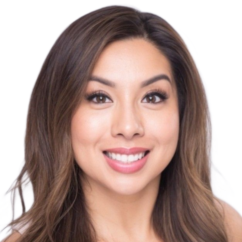Smiling woman with long brown hair against a white background