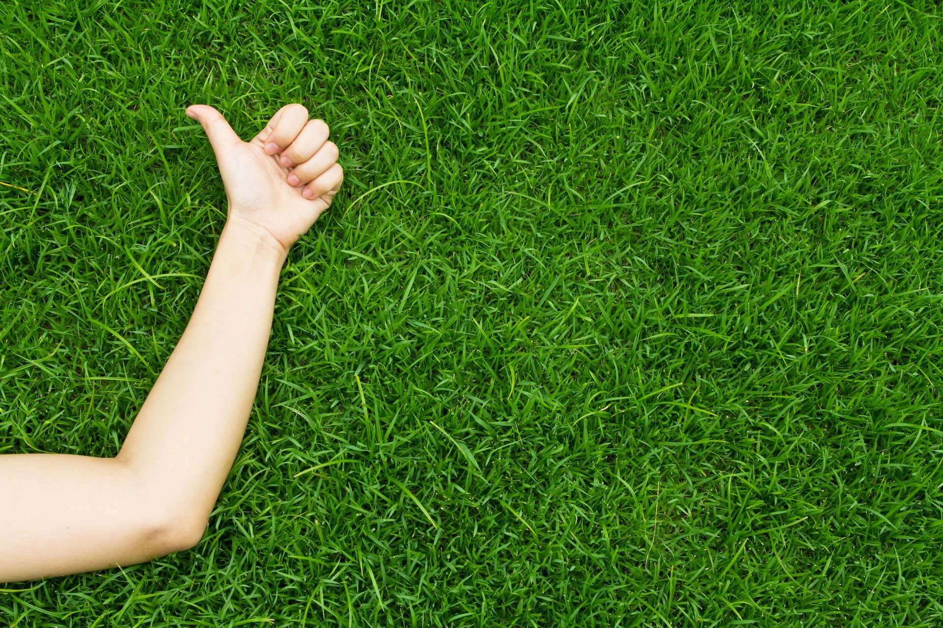 Arm giving a thumbs-up on green grass background