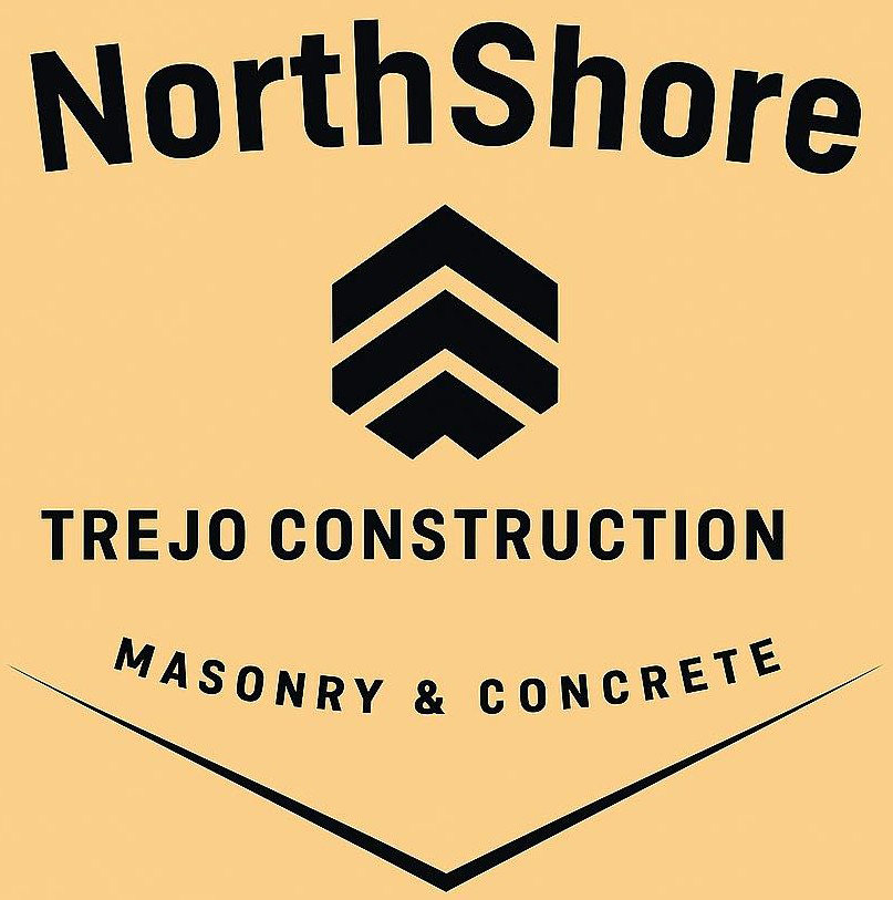 Logo for NorthShore Trejo Construction, featuring a black arrow icon, text, and a V-shaped border on a tan background.