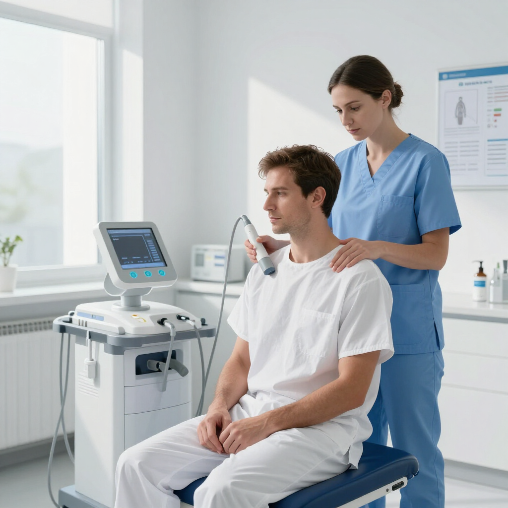 Patient seated during neck ultrasound exam with clinician in blue scrubs beside medical equipment
