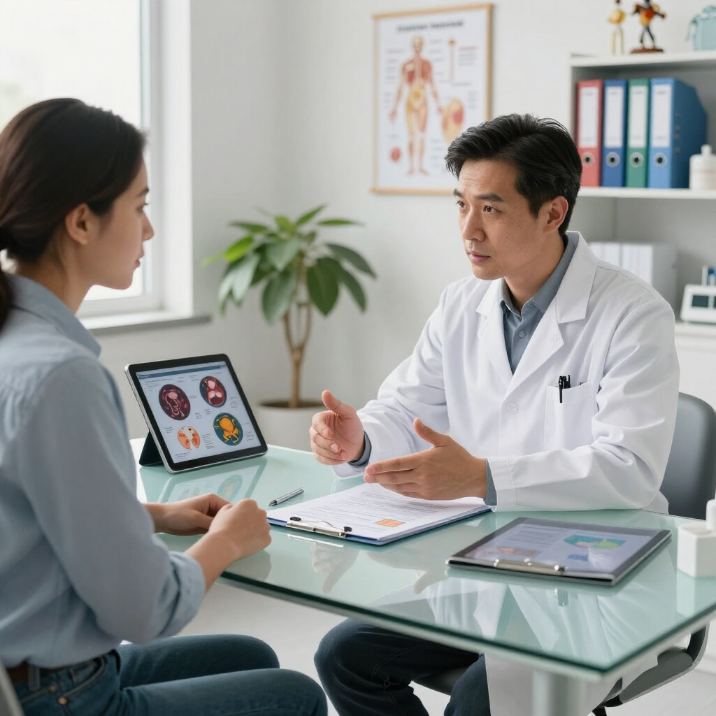 Doctor consulting with a patient at a glass table, showing medical scans on a tablet in a clinic office