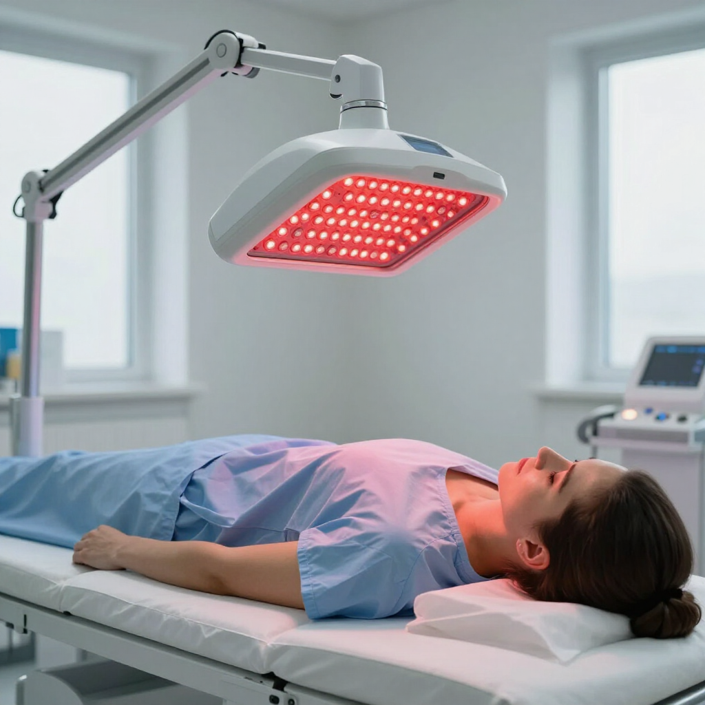 Patient lying under red light therapy in a clinical treatment room