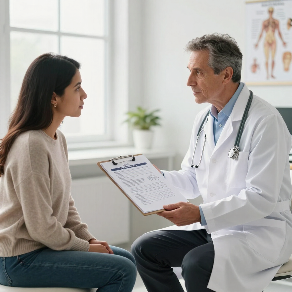Doctor consulting with a seated patient in a bright exam room, holding a clipboard.