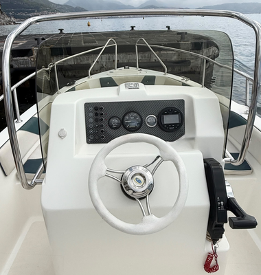 Postazione di comando dell'imbarcazione con volante bianco, pannello strumenti nero e ringhiere in acciaio inox affacciate sull'acqua.