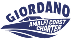 Logo bianco con le scritte “GIORDANO” e “ANALFI COAST CHARTER” e linee stilizzate di una barca.