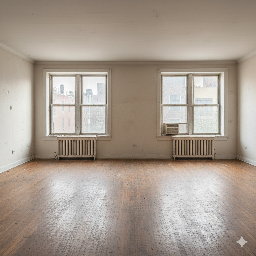 Empty room with wood floors, two windows, and radiators.