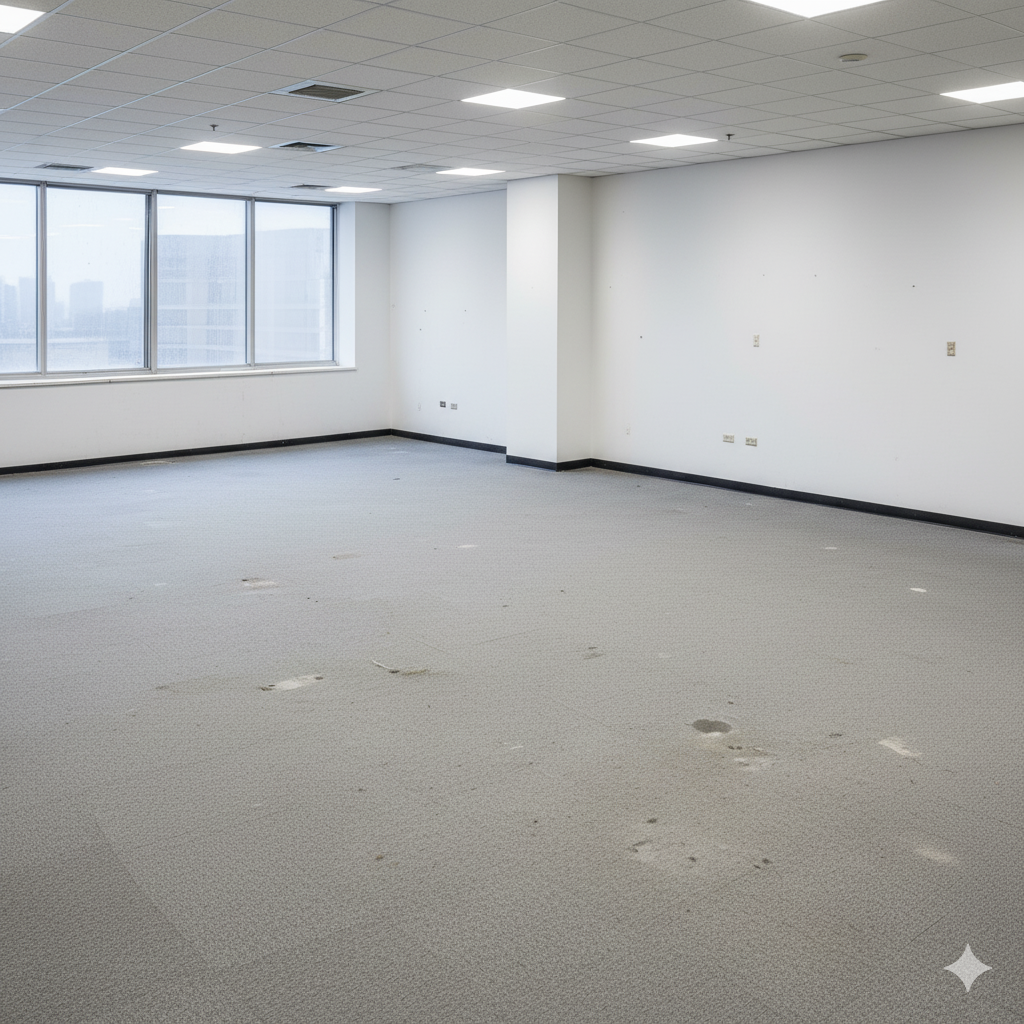 Empty office room with gray carpet, white walls, and a window overlooking a cityscape.