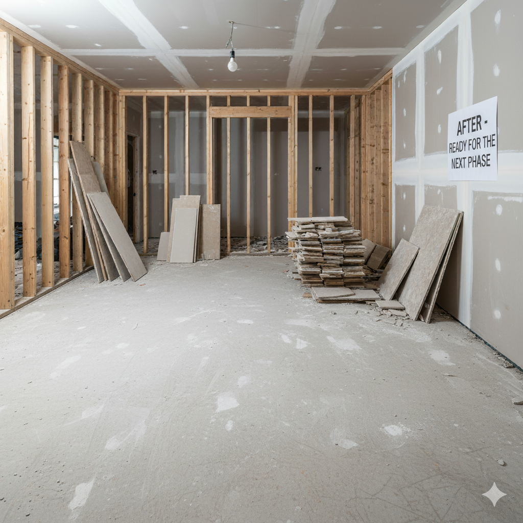 Interior under construction: framed walls, drywall, concrete floor, lumber stacked.
